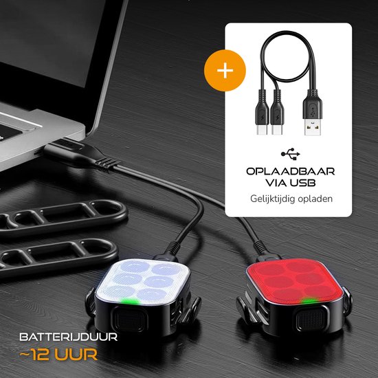 Fietslamp Fietsverlichting Usb Oplaadbaar Fietslicht Fietslampje Fietslampjes Led Set Wit en Rood — afbeelding 5