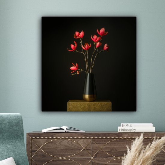 Canvas schilderij 90x90 cm - Exclusieve wanddecoratie Rode - Bloemen - Vaas - Muurdecoratie woonkamer - Slaapkamer decoratie - Kamer accessoires - Schilderijen op canvas