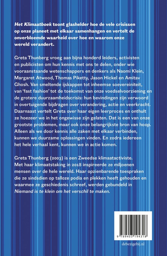 Achterkant van 'Het Klimaatboek' met tekst over Greta Thunberg en het boek, en een barcode.