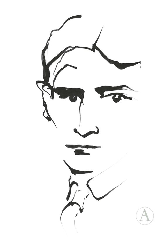 Een zwarte inkttekening van een gezicht met scherpe lijnen en gedetailleerde ogen. Het haar is kort en gestyled, en er is een hint van een kraag en strik te zien.