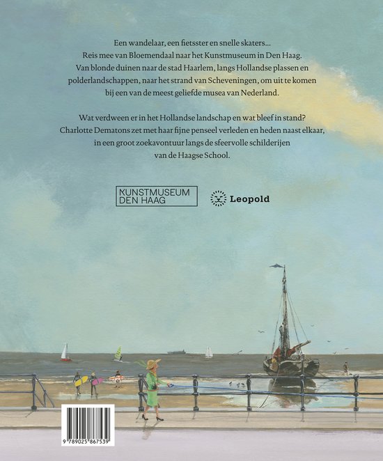 Achterkant boek: Zicht op zee met schip, strand, en tekst 'Kunstmuseum Den Haag Leopold'.