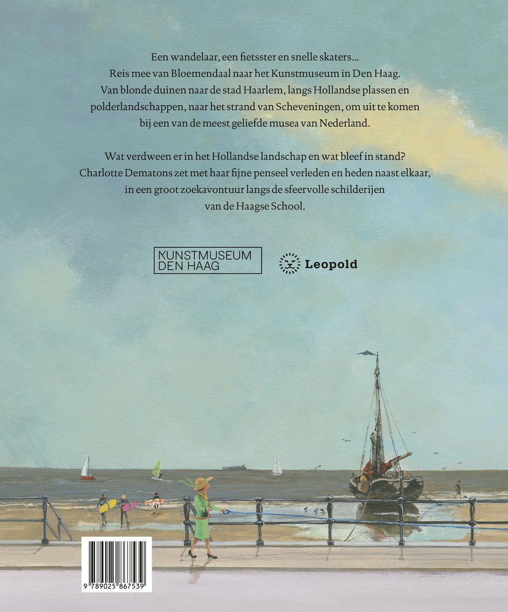 Achterkant boek: Zicht op zee met schip, strand, en tekst 'Kunstmuseum Den Haag Leopold'.