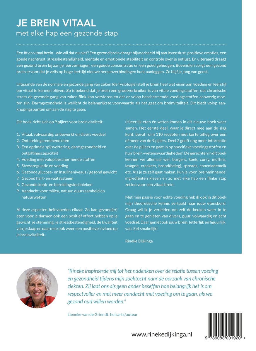 Boek "Je Brein Vitaal" met recepten en informatie over voeding en hersenen.