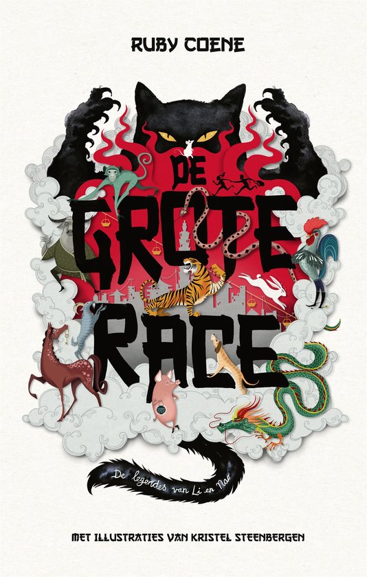 Boekomslag 'De Grote Race' met illustraties van dieren, 'Ruby Coene' en 'De legendes van Li en Nao'.