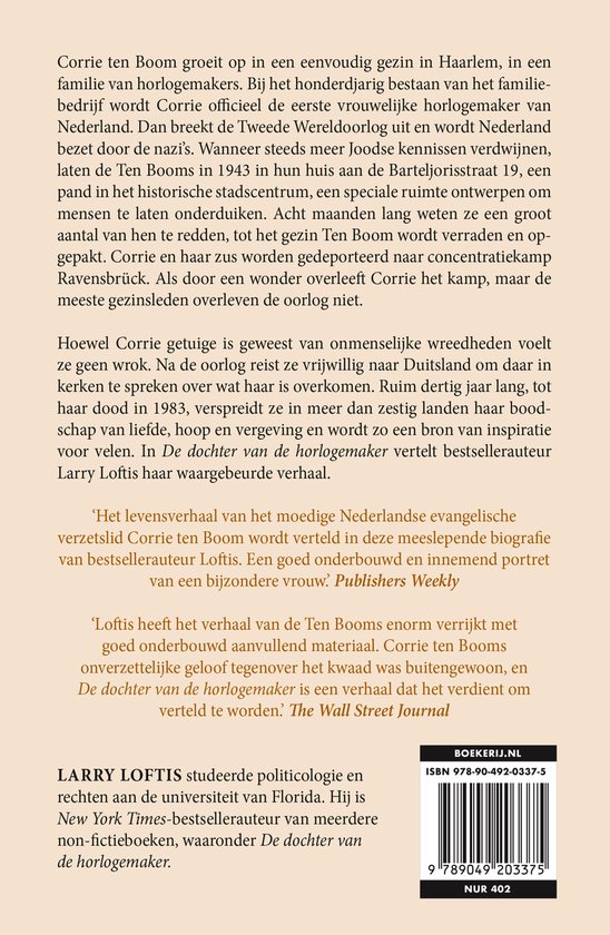Boekrug met tekst 'De dochter van de horlogemaker' en 'Larry Loftis'.