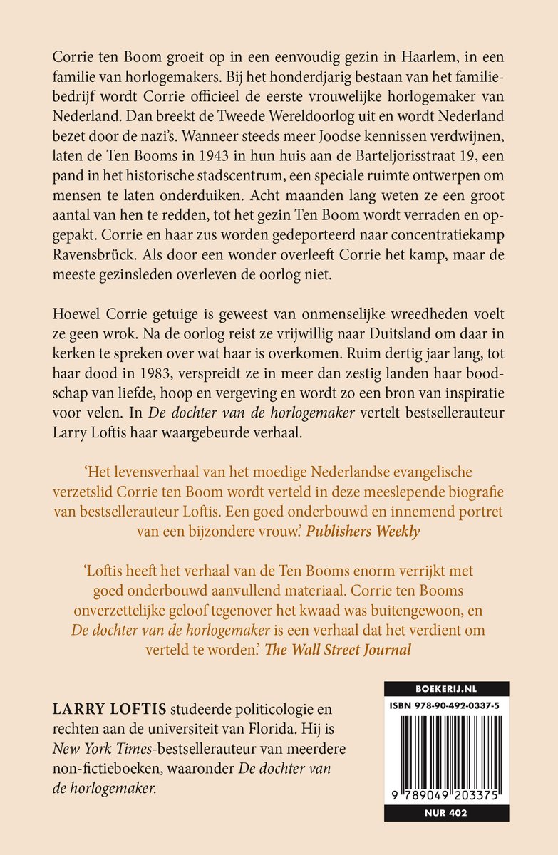 Boekrug met tekst 'De dochter van de horlogemaker' en 'Larry Loftis'.