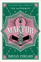 Boekomslag met de titel "Maktub" door Paulo Coelho. Groen met roze decoraties, een brandende kaars en een open boek.