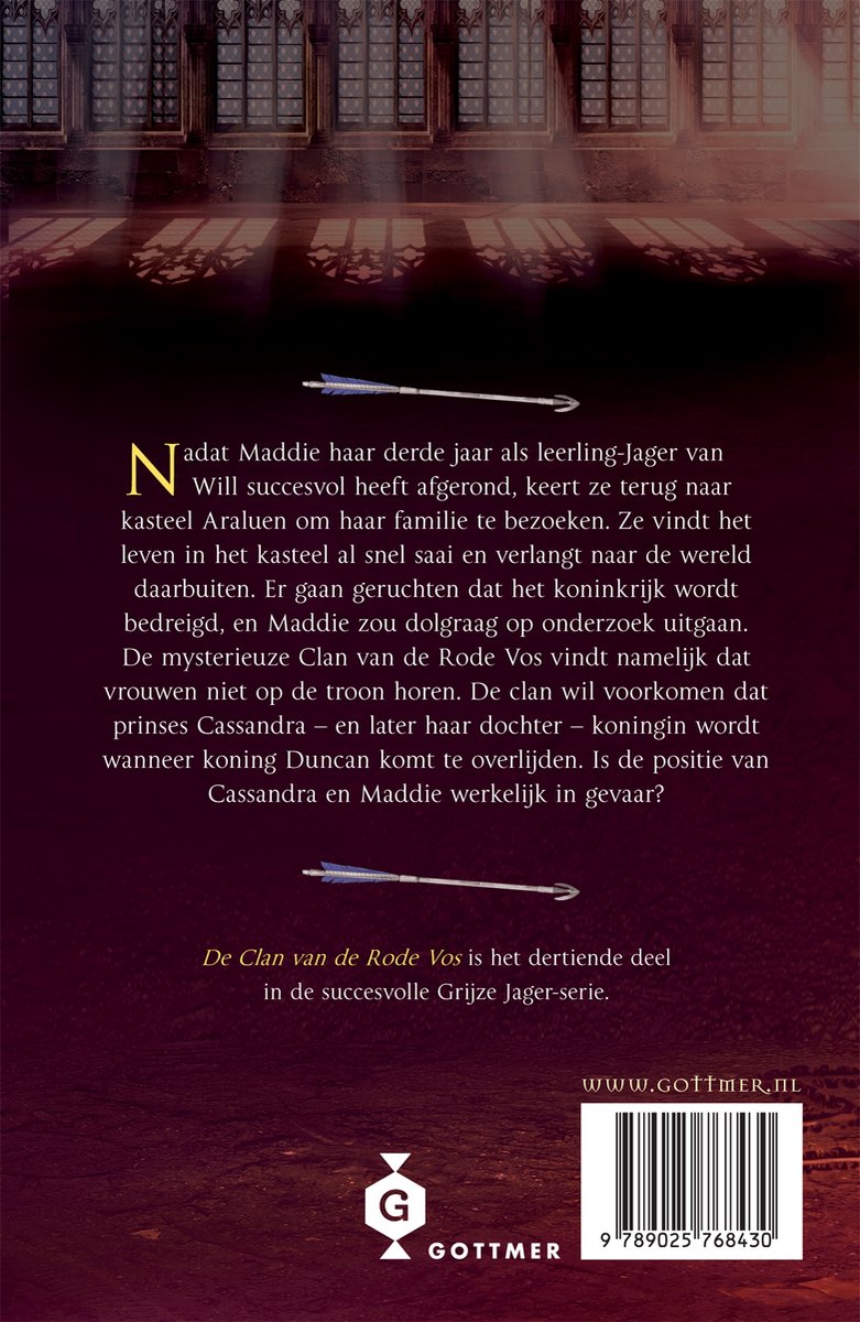 Boekomslag van 'De Grijze Jager 13 - De clan van de Rode Vos' met tekst en een afbeelding van een lege hal.