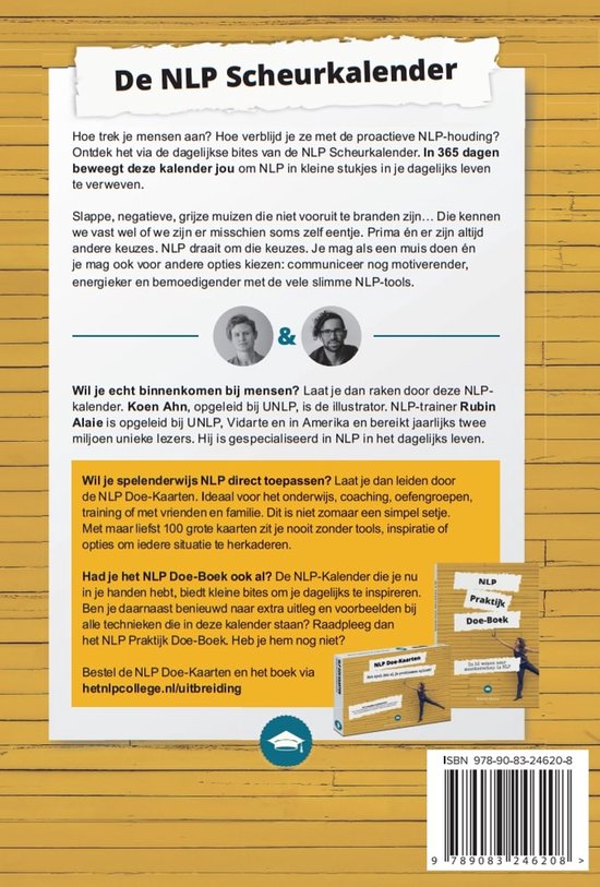 Achterkant van de "De NLP Scheurkalender" met tekst over de inhoud en auteurs.