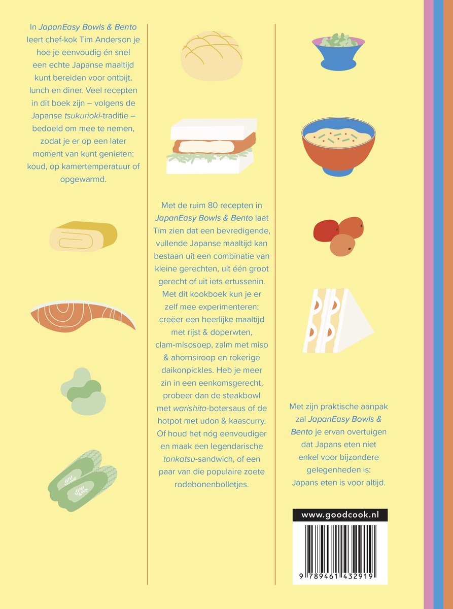 Boekomslag met illustraties van Japanse gerechten, zoals zalm, sushi, soep en sandwiches. Met de tekst 'JapanEasy Bowls & Bento'.