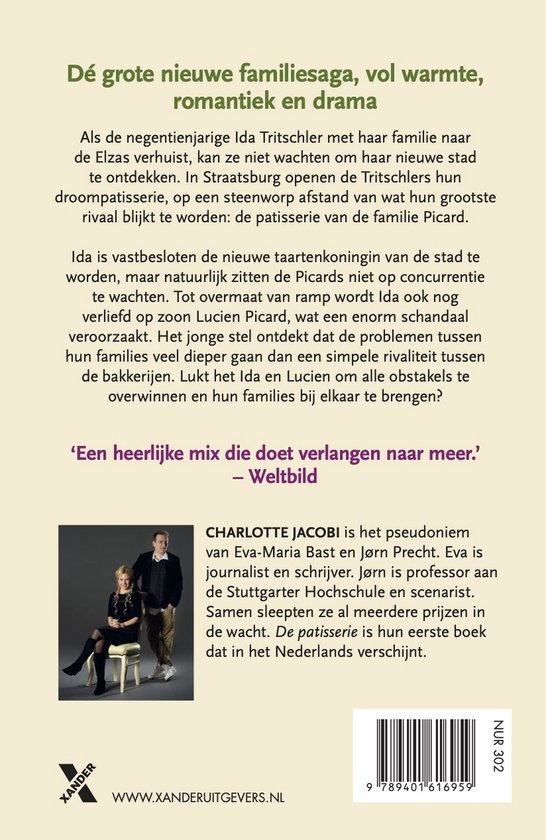 Boekcover met twee personen die op stoelen zitten, met de titel 'De patisserie'.