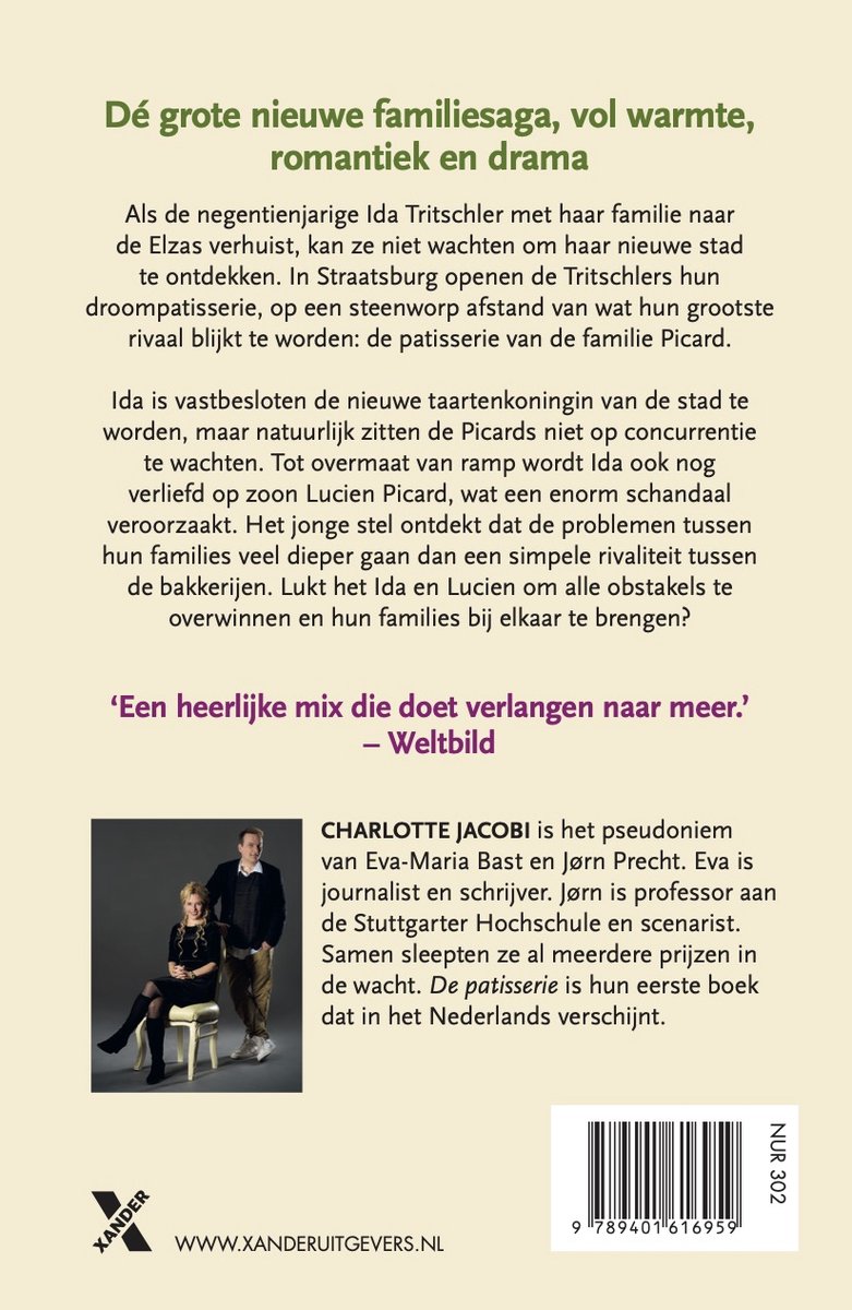 Boekcover met twee personen die op stoelen zitten, met de titel 'De patisserie'.
