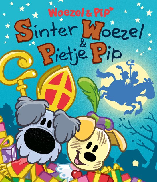 Woezel & Pip, Sinterklaas mijter, staf, cadeaus en Sinterklaas te paard onder de sterren.