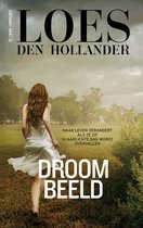 Boekcover met LOES DEN HOLLANDER in grote letters, titel DROOMBEELD. Een vrouw met rood haar in een witte jurk rent weg in een veld.