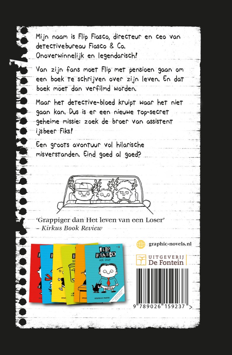 Achterkant van een boek. Illustratie van Flip Fiasco met assistent Fiks in een auto. Meerdere boeken van Flip Fiasco zichtbaar. Titels en uitgeverij.