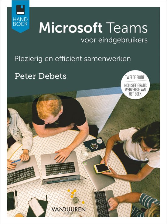 Boekomslag "Microsoft Teams voor eindgebruikers" met tekst en drie mensen aan een tafel met laptops.