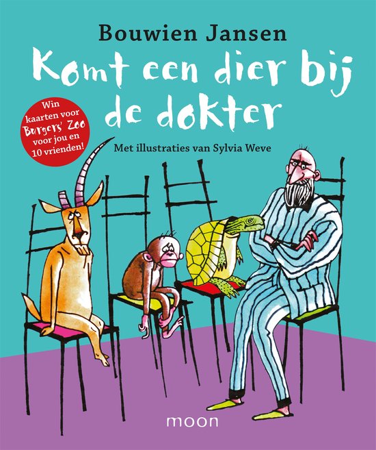 Boekomslag "Komt een dier bij de dokter" met een geit, aap, schildpad en man.
