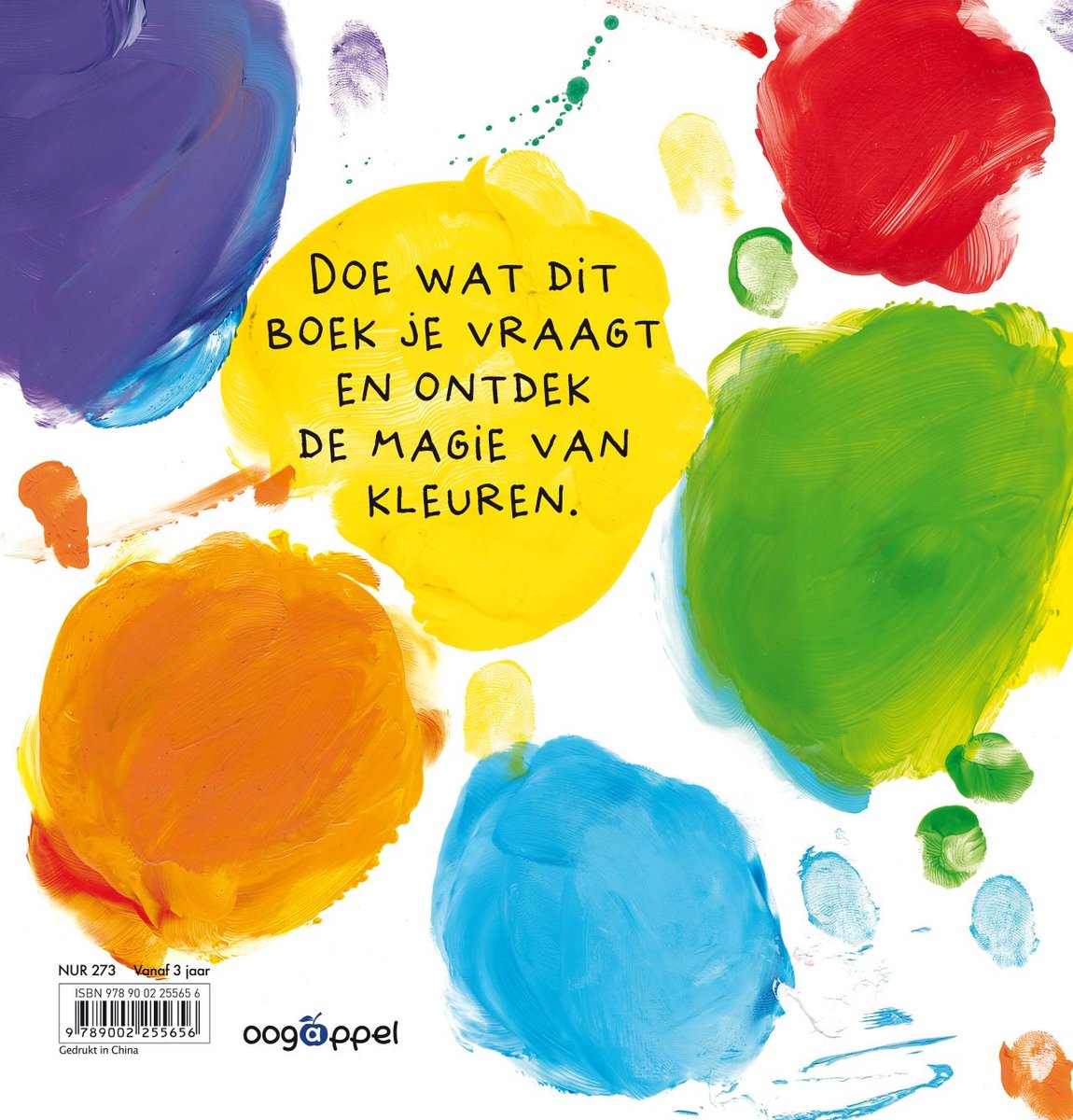 Grote kleurrijke verfstreken in paars, geel, rood en groen met tekst "Doe wat dit boek je vraagt en ontdek de magie van kleuren."