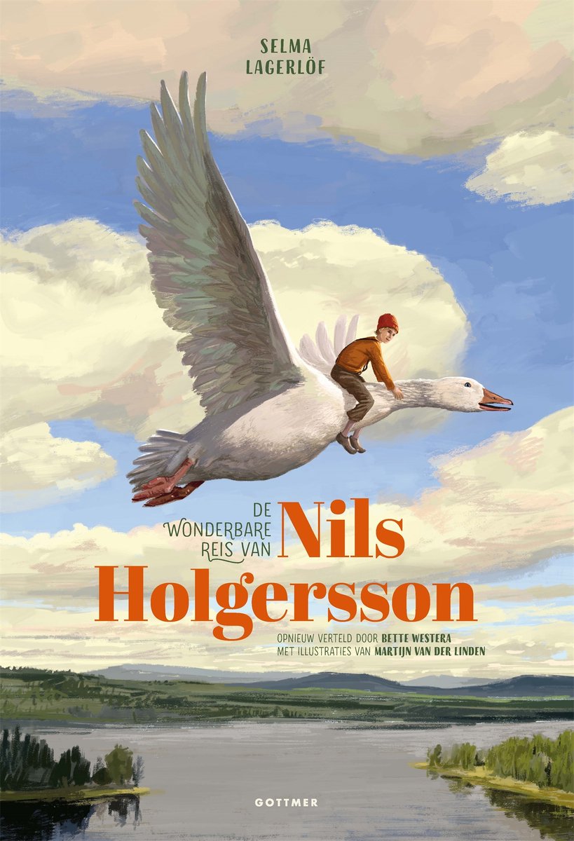 Boekcover 'De wonderbare reis van Nils Holgersson': Een jongen op een gans vliegend door een lucht met wolken.