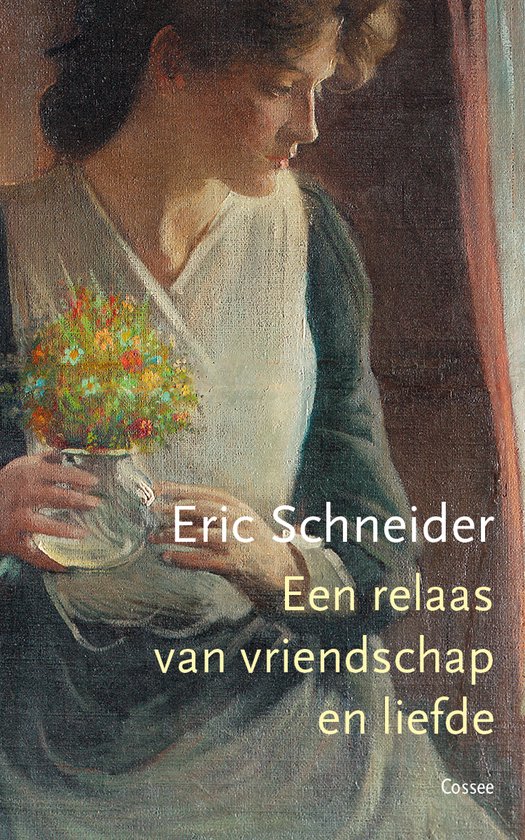 Een schilderij van een vrouw in een schort die een vaas met bloemen vasthoudt. Titel: Een relaas van vriendschap en liefde.