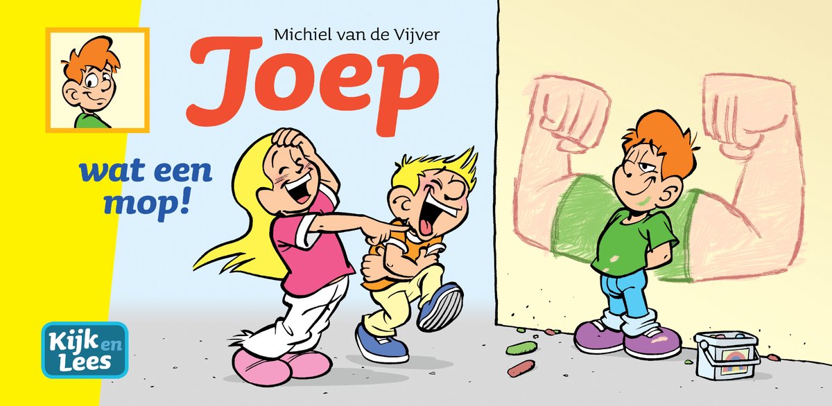 Een jongen met rood haar, gekleed in een groene trui en blauwe broek, staat naast een tekening van gespierde armen. Een meisje met blond haar en een jongen met geel haar lachen.