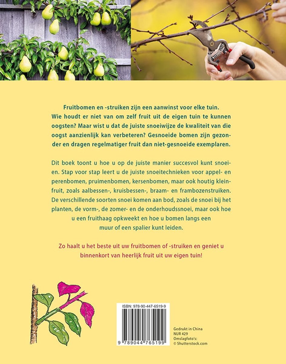 Een illustration van bloeiende takken met roze bloesems en perenbomen met veel fruit in de volle zon.