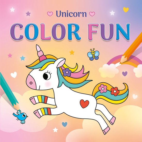 Une licorne blanche espiègle avec une crinière arc-en-ciel et des fleurs, sautant avec des crayons et un arc-en-ciel en arrière-plan.