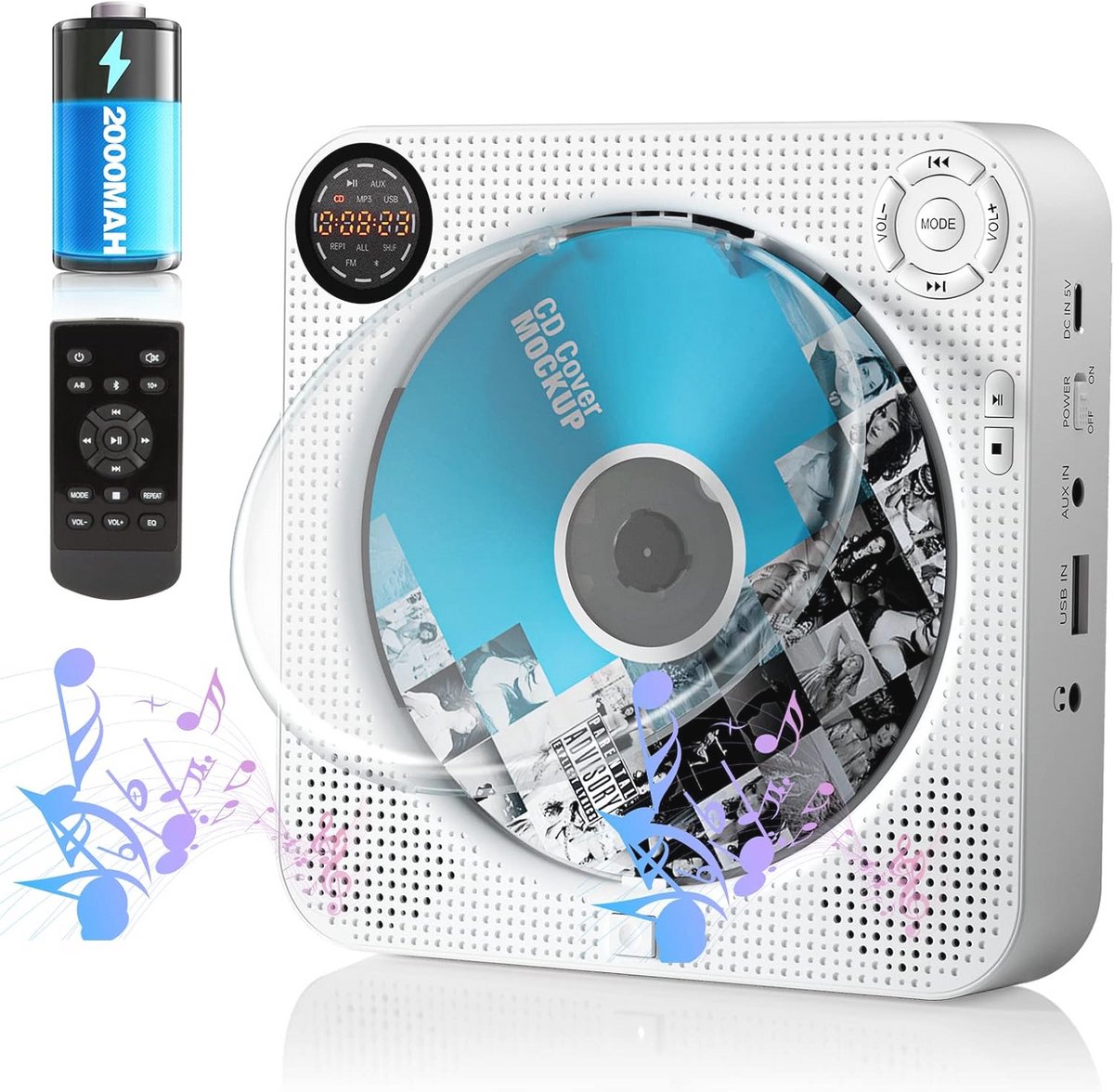 Draagbare CD-speler met Bluetooth en FM-radio voor wandmontage