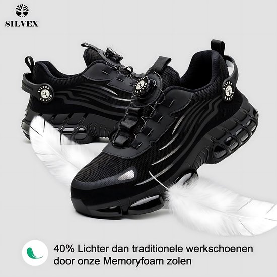 Twee zwarte werkschoenen met BOA sluiting, omgeven door witte veren, 40% lichter dan traditionele werkschoenen.