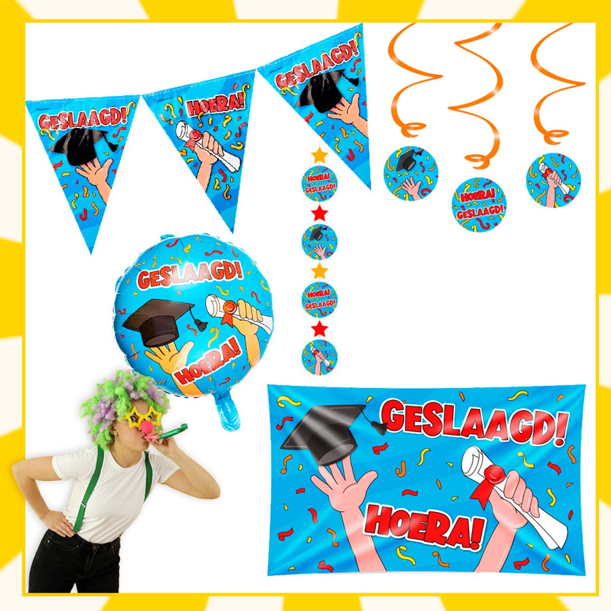 Feestpakket | Geslaagd | 7-delig | Vlaggen | Afzetlint | Decoratie