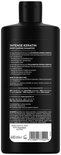 Achterkant van de Syoss Intense Keratin Deep Caring Shampoo fles met ingrediënten en gebruiksaanwijzing.