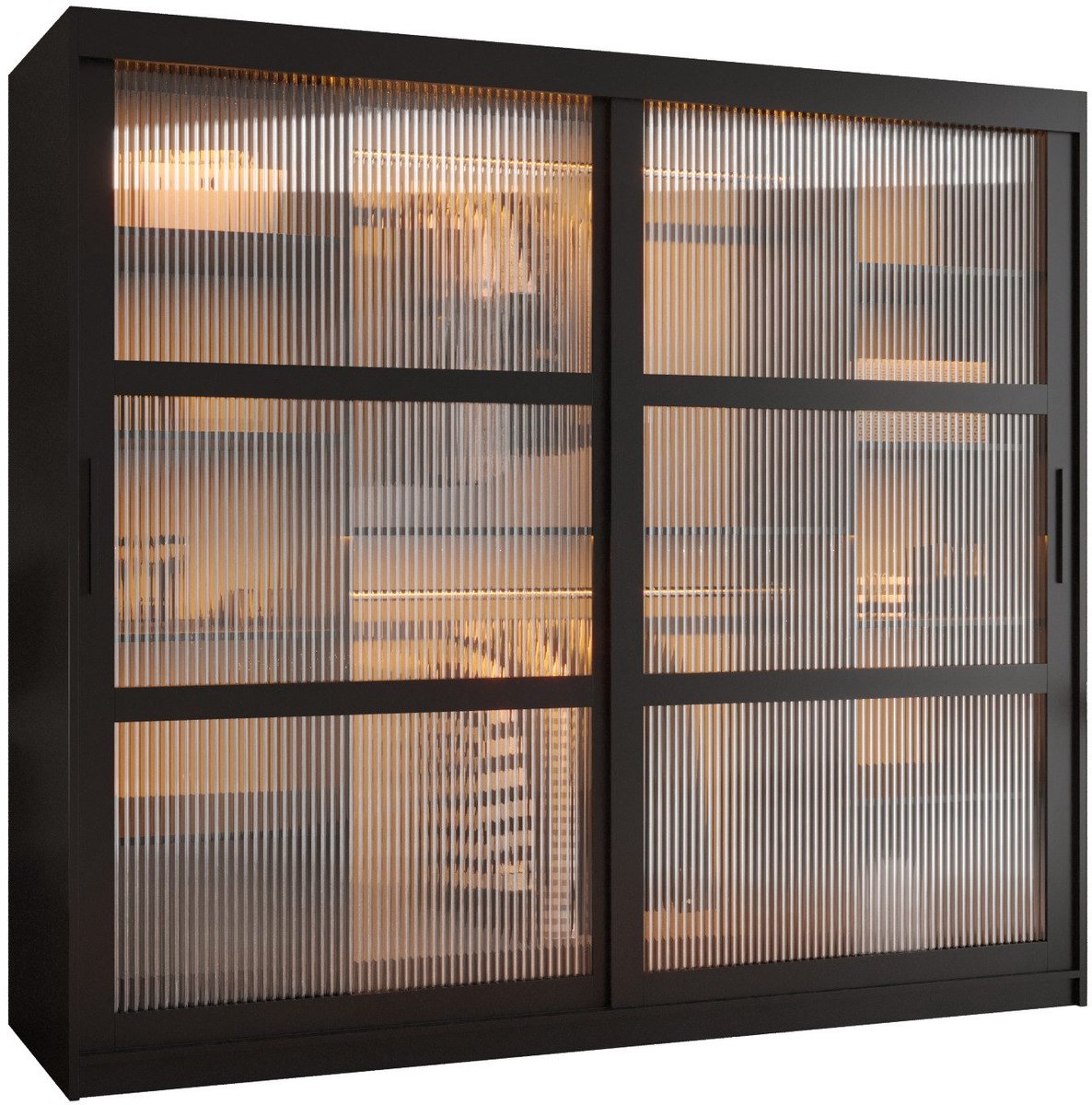 AJE Meubles B.V. Zweefdeurkast Kledingkast met 2 schuifdeuren glanzen slaapkamerkast Kledingstang met planken Garderobekast met geribbeld glas - ARTON (200 cm, Zwart)