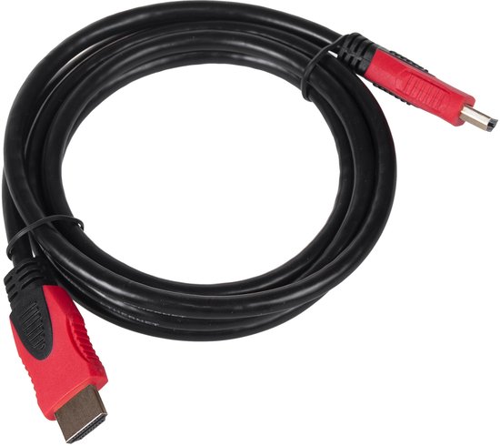Een opgerolde zwarte HDMI-kabel met rode en zwarte connectoren.