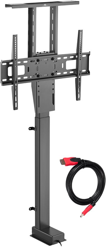 Zwarte elektrische TV-standaard met beugels en een HDMI-kabel ernaast.