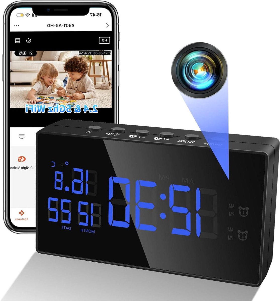 Wekker spionagecamera WiFi 2.4/5G HD 1080P met nachtzicht en bewegingsdetectie