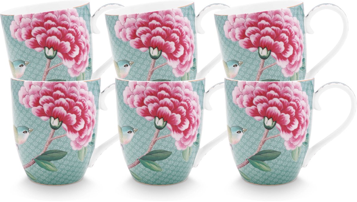 Pip Studio Blushing Birds Mokken - Theemok - Koffiemok met Oor - Servies set van 6 - 365ml