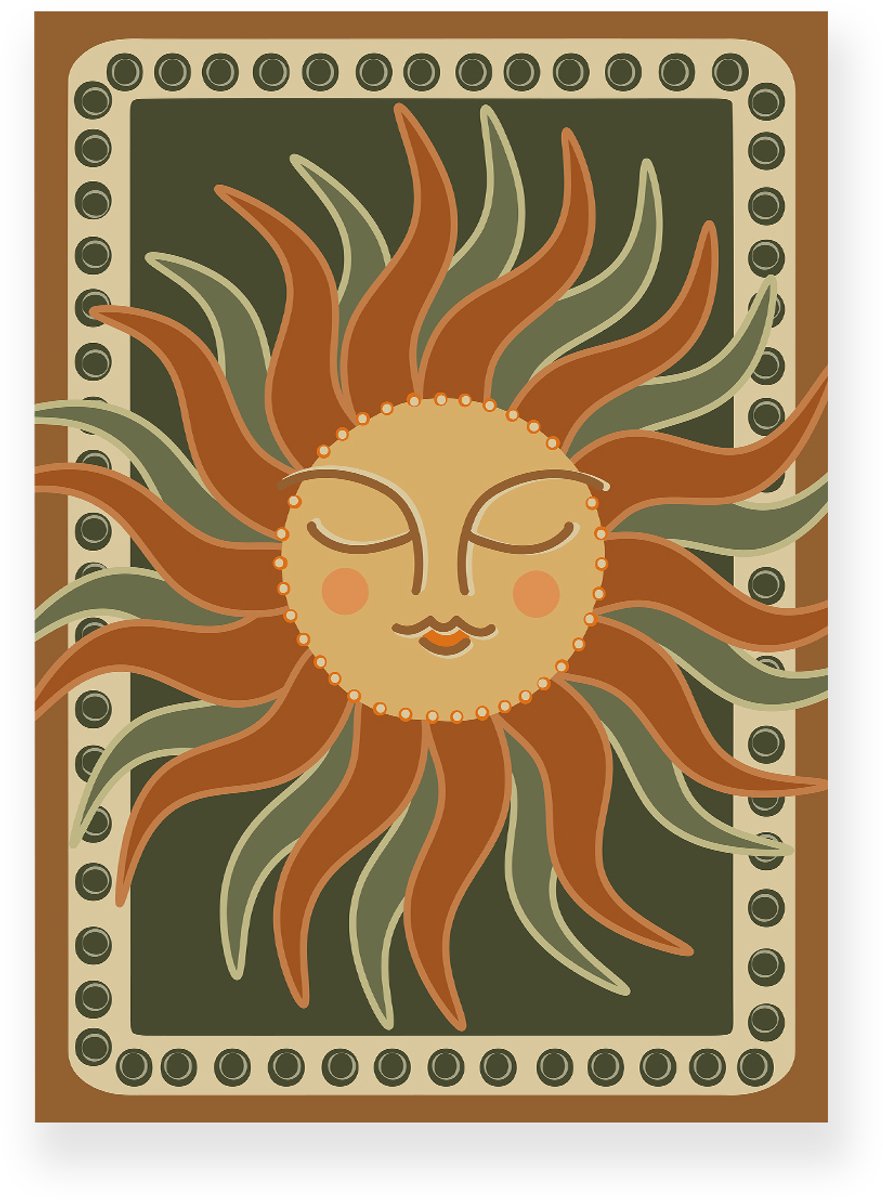 Yisual Aluminium plaat 20x30 cm - Poster - Zon met gezicht - Groen - Bruin - Boho - Spiritueel - Muurdecoratie - Wanddecoratie