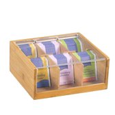Boîte à thé en bambou FSC® avec 6 compartiments, avant transparent | Boîte à thé Bois de bambou | Avec couvercle Optil | Boîte à thé / boîte à thé |  Faible. 22 x 21 x 9,5 cm.