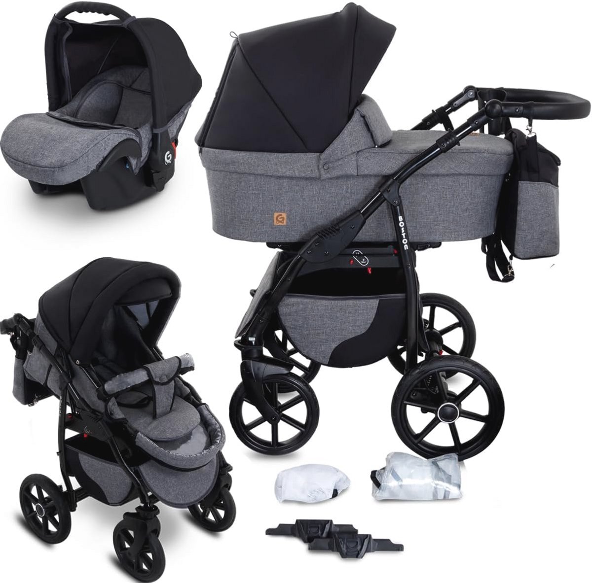 Image of 3-in-1 Kinderwagen Set voor Neugeborenen - TÜV-gecertificeerd - Comfortabele en Veilige Baby Stroller met Grote Gel Wielen - Inclusief Autostoel en Accessoires
