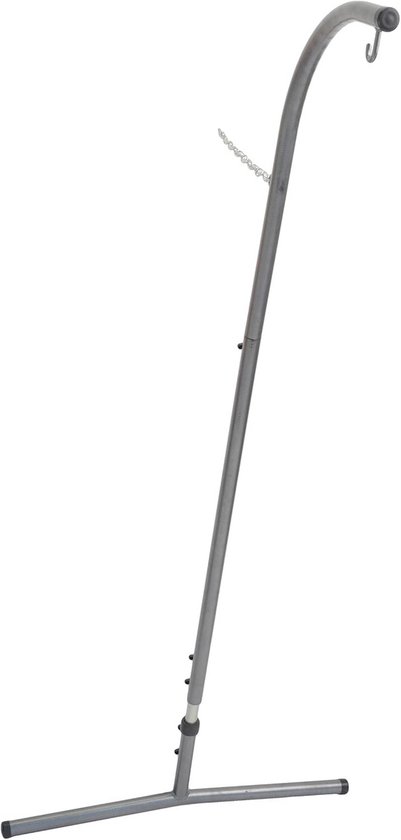 Grijze metalen hangstoelframe, staand, met een gebogen arm en ketting.