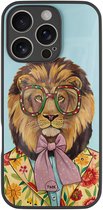 Hoesje geschikt voor Apple iPhone 16 Pro - Retro leeuw - Multi, Blauw - TPU luxe case (glossy toplaag) - Print - Hardcase backcover zwart
