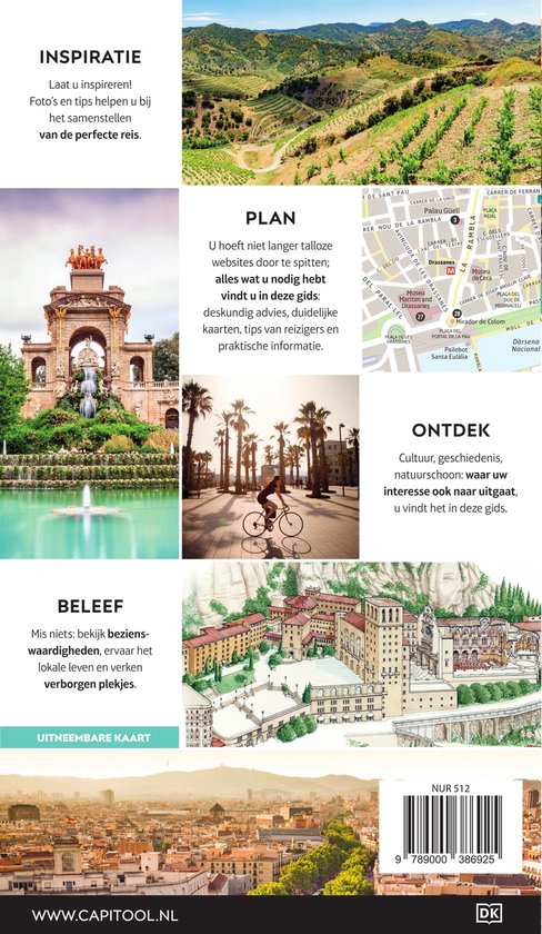 Collage van afbeeldingen van Barcelona: landschap met olijfbomen, fontein met standbeelden, fietsen op strand, kaart, klooster, stadsgezicht.