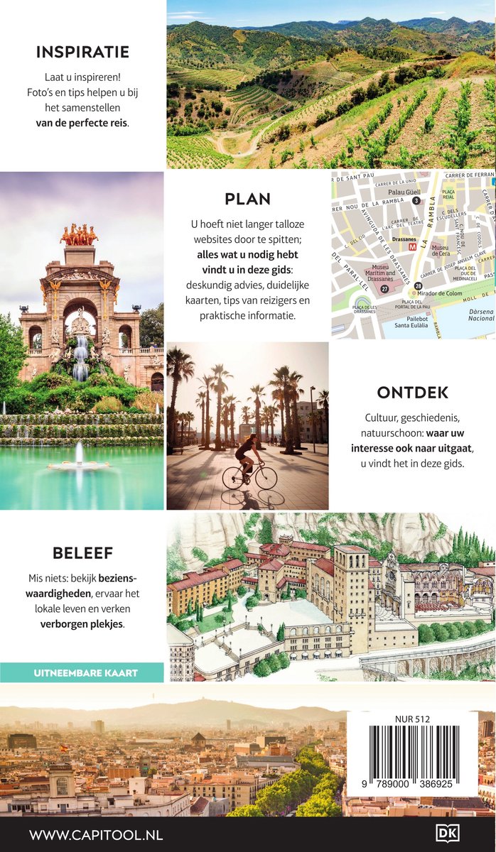 Collage van afbeeldingen van Barcelona: landschap met olijfbomen, fontein met standbeelden, fietsen op strand, kaart, klooster, stadsgezicht.