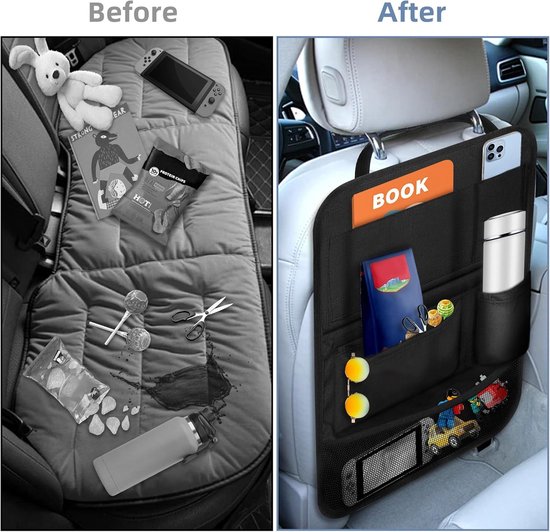 Autostoel Beschermer met Doorzichtige iPad/Tablethouder en Ruime Organizervakken - Autostoel Hoes, Waterdichte Autostoelbekleding Beschermer voor Kinderen - Universele Pasvorm