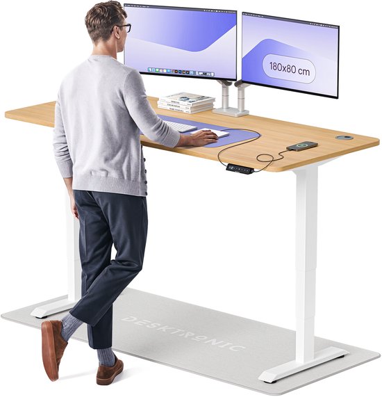 Desktronic HomePro Zit-sta Bureau Elektrisch In Hoogte Verstelbaar, 180x80cm Wit/Eiken, Stille Dubbele Motor