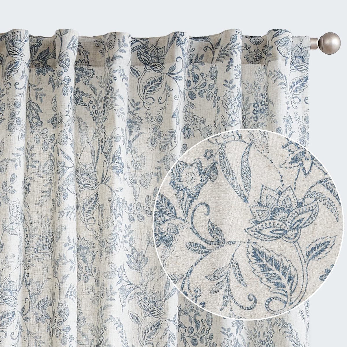 Unyqoos Elegante Linnen Gordijnen met Bloemenprint voor Stijlvolle Interieurs, Set van 2, Blauw op Beige, 140 x 225 cm