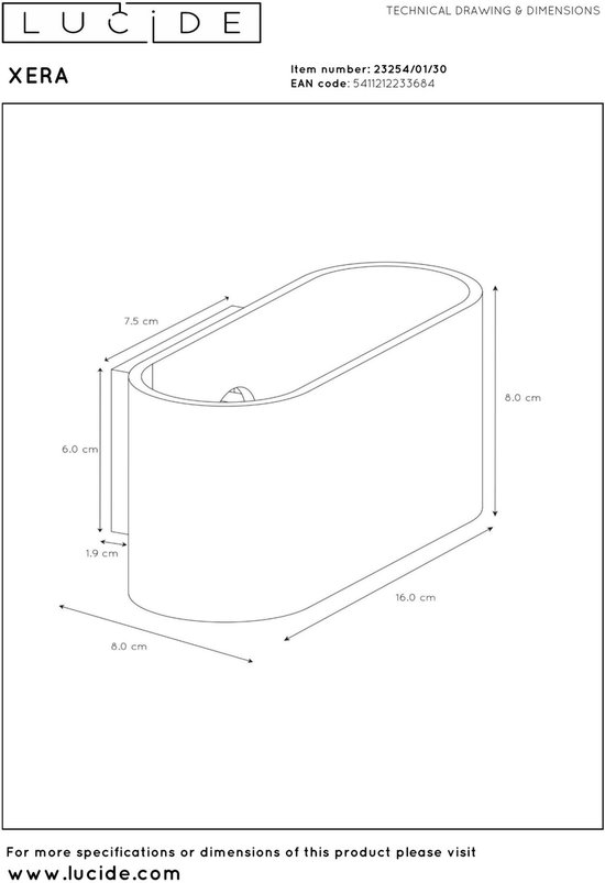 Technische tekening van de XERA wandlamp met afmetingen.
