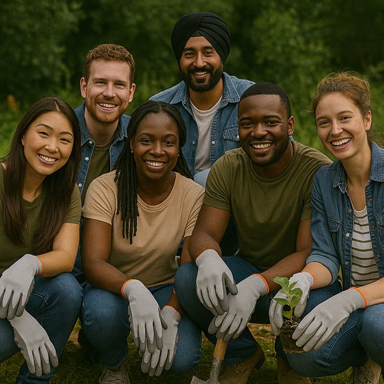 Groep van zes mensen, zowel mannen als vrouwen, met tuinhandschoenen en een plantje, glimlachen naar de camera.