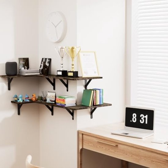 Étagères D'angle Flottantes En Bois Naturel | Support Mural, Capacité 5kg - Tailles Et Packs Au Choix