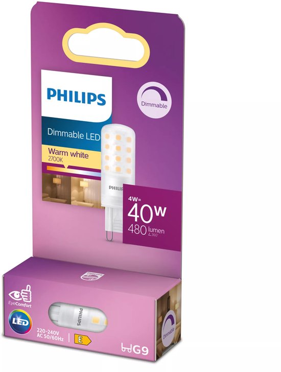 Philips dimbare LED capsule, warmwit 2700K, 4W, G9, 480 lumen verpakking.